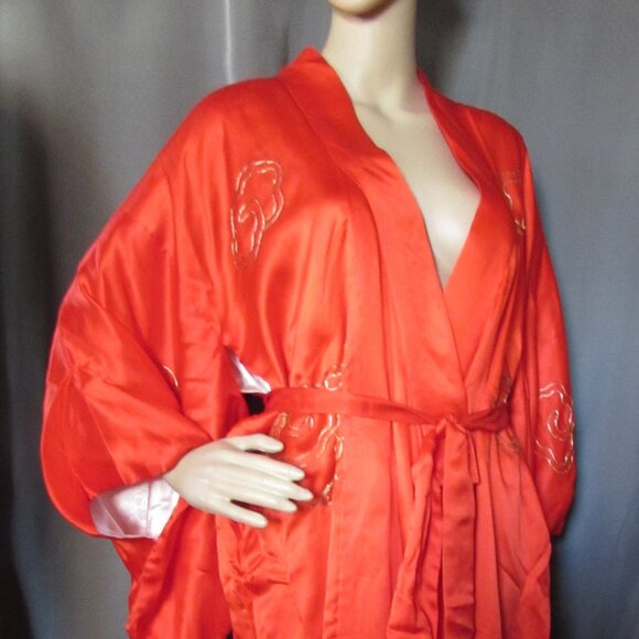 Exotic Kimono Style Robe Cherry Red Gold Blue Metallic Accents - Picture 3 of 16